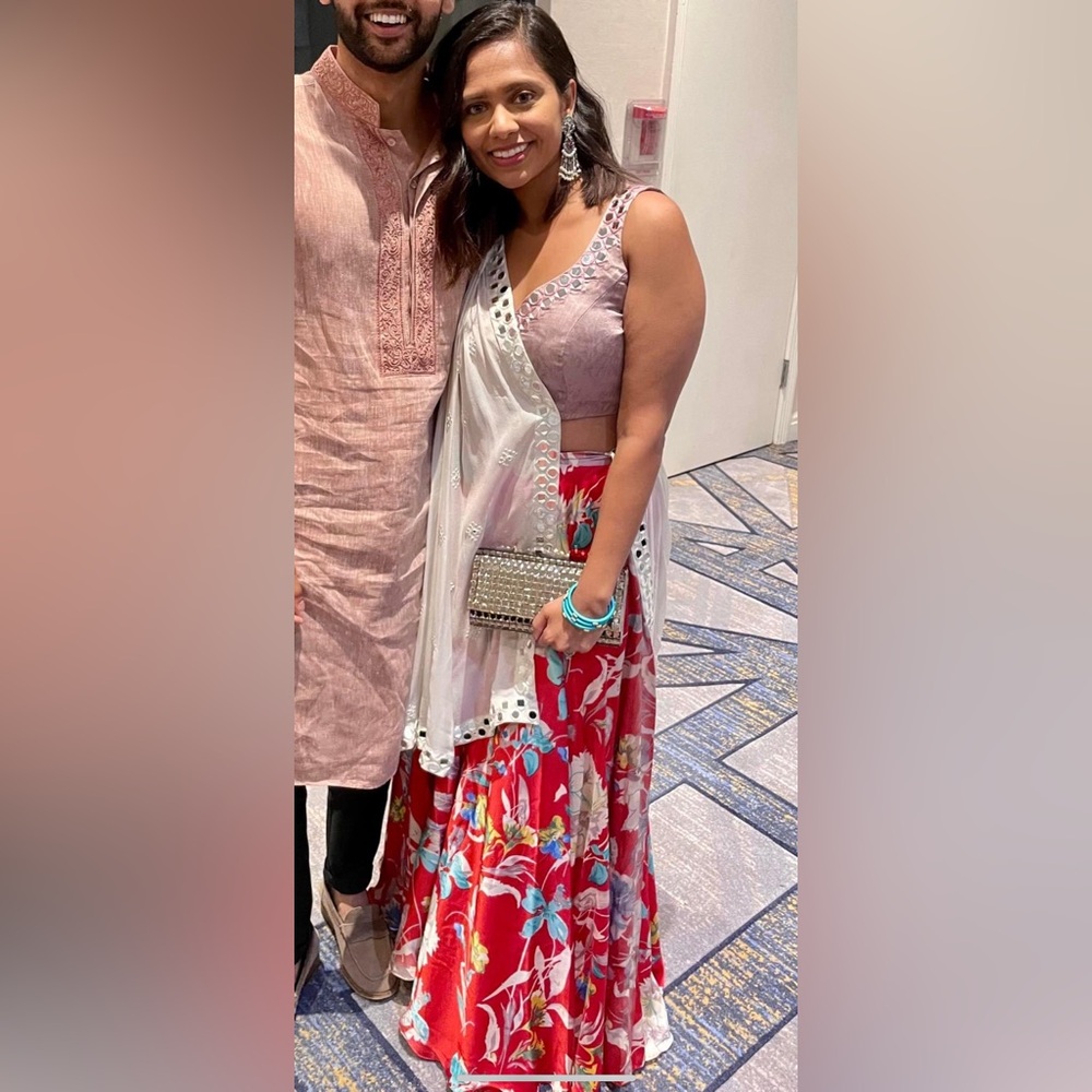 Indian Lehenga three piece outfit - white, pinkish, and red floral